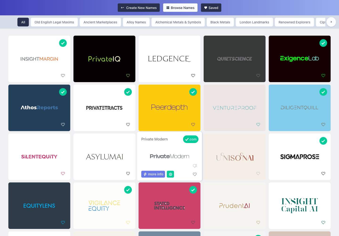 a Namelix result grid showing the first visible AI finance product name ideas.